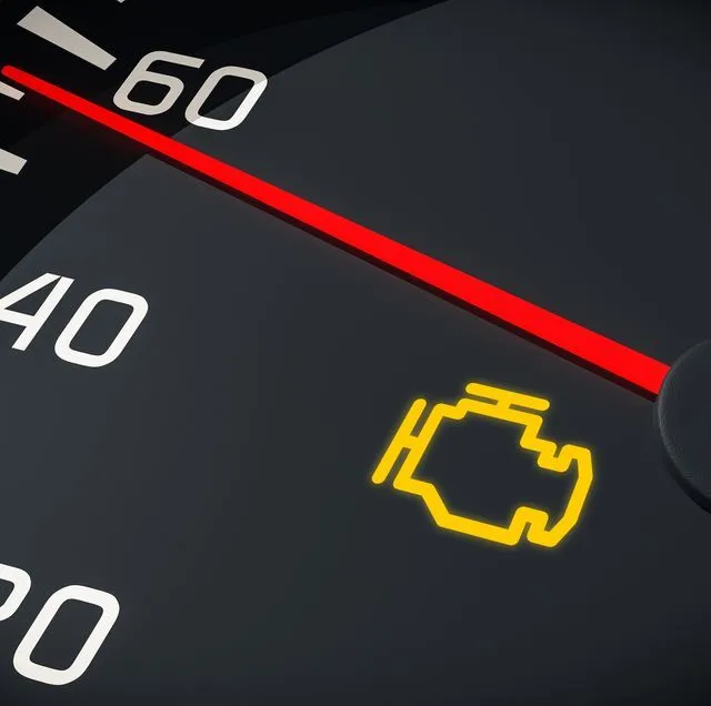 Dashboard of a car showing the illuminated check engine light.