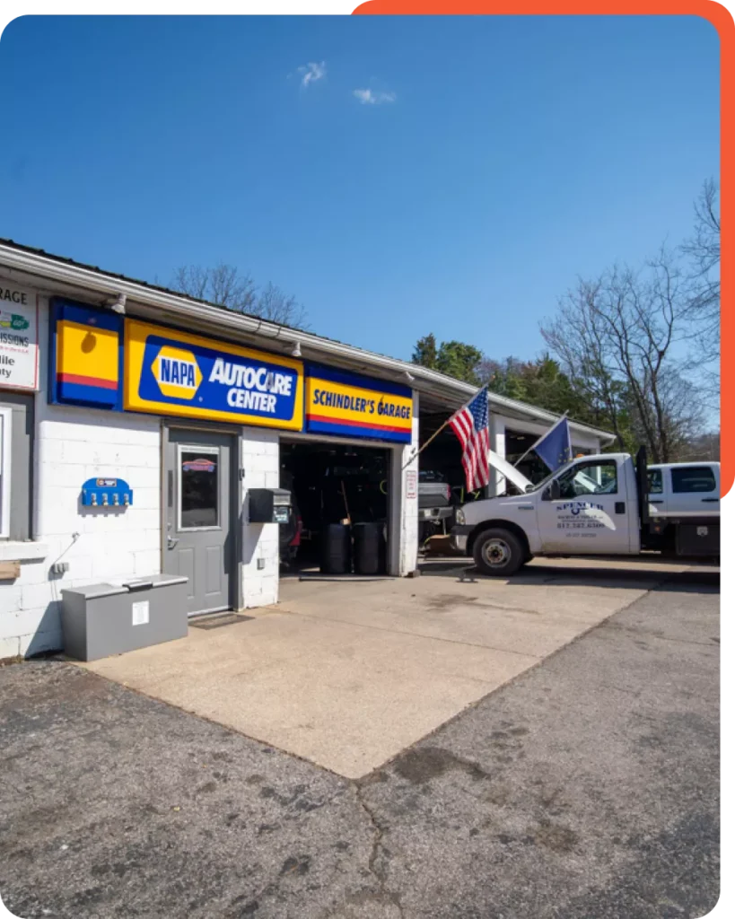 Schindler's Garage, Wide view of the exterior of Schindler's Garage showing the main building and signage.