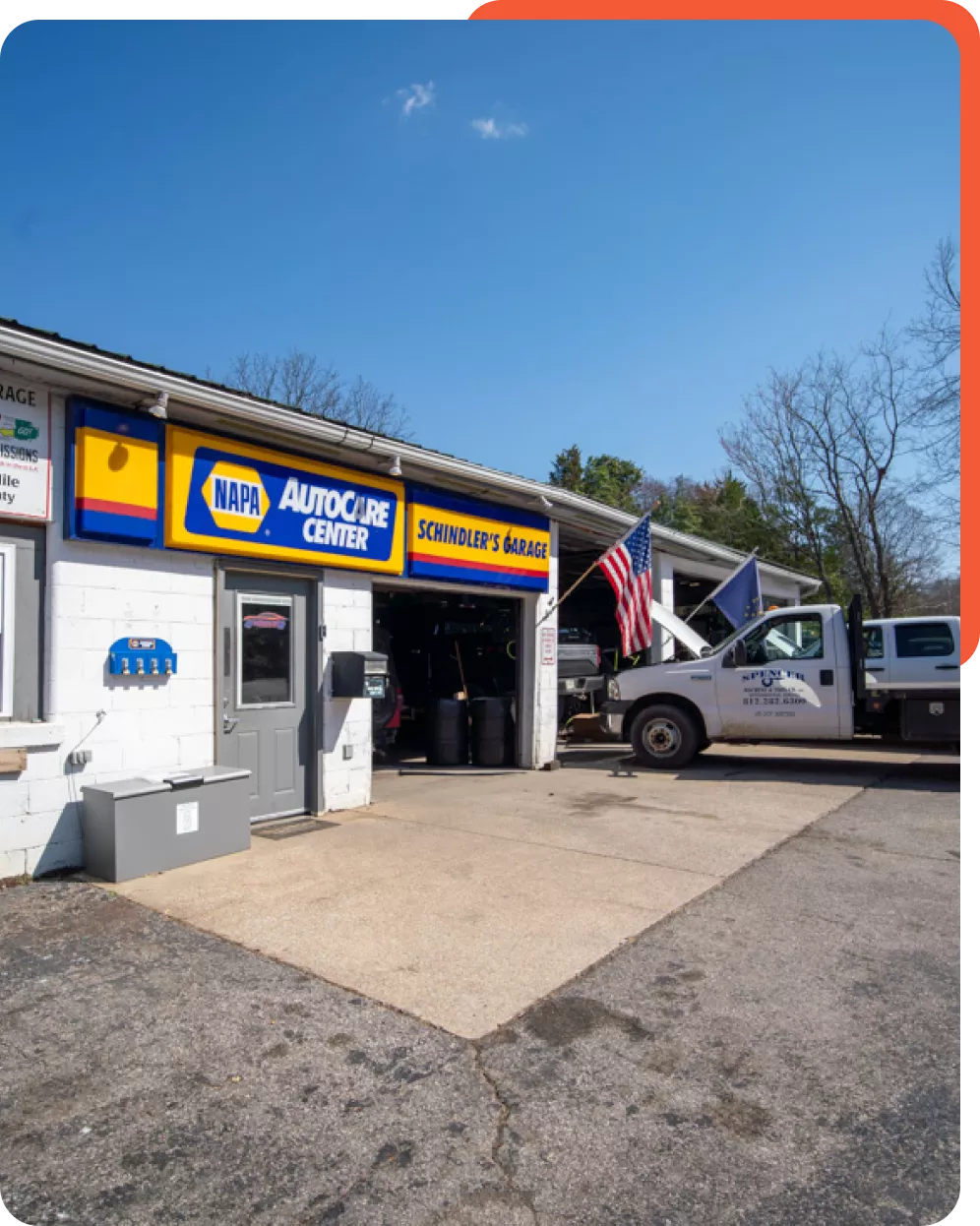 Schindler's Garage, Wide view of the exterior of Schindler's Garage showing the main building and signage.