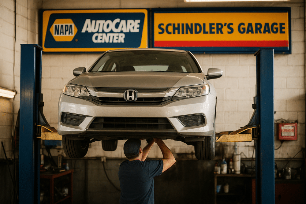 tariffs asian car, auto repair in Floyds Knobs, IN at Schindler's Garage. Front view of a silver Honda sedan lifted on a hydraulic lift inside Schindler’s Garage, a NAPA AutoCare Center.