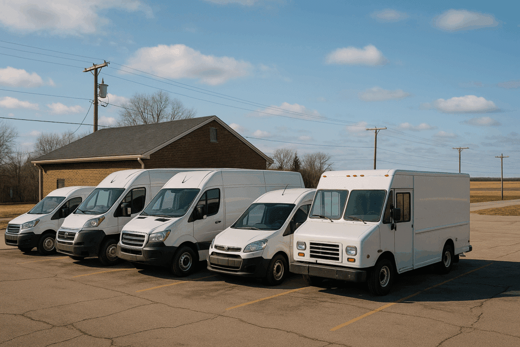 fleet maintenance, auto repair in Floyds Knobs, IN at Schindler's Garage. Image of a lineup of commercial vans representing professional fleet maintenance and service options.