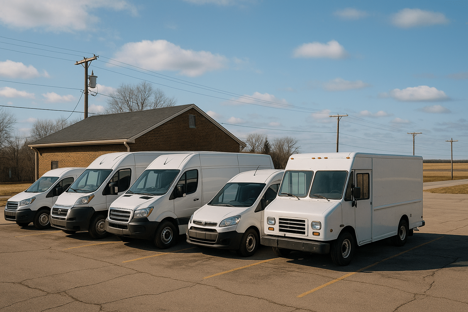 fleet maintenance, auto repair in Floyds Knobs, IN at Schindler's Garage. Image of a lineup of commercial vans representing professional fleet maintenance and service options.