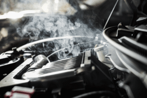 Engine overheating, auto repair in Floyds Knobs, IN, at Schindler's Garage. Image of steam rising from an overheated engine bay, highlighting the need for prompt cooling system diagnostics and repair to protect engine performance and prevent costly damage.