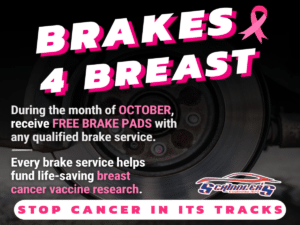 Schindler’s Garage Brakes for Breasts October promotion offering free brake pads with qualified brake service to support breast cancer vaccine research.