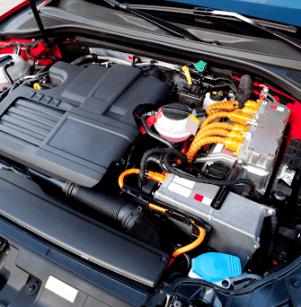 Diagnostics for Hybrid and EV vehicle maintenance and repair in Flyods Knobs, IN. with Schindler’s Garage. Image of new Hybrid car engine on red car.