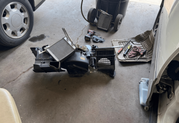 radiator repair, auto repair in Floyds Knobs, IN at Schindler's Garage. Vehicle’s heating and cooling components removed for service, ensuring proper cabin comfort and system efficiency.