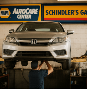 tariffs asian car, auto repair in Floyds Knobs, IN at Schindler's Garage. Front view of a silver Honda sedan lifted on a hydraulic lift inside Schindler’s Garage, a NAPA AutoCare Center.