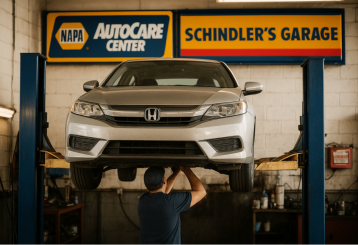 tariffs asian car, auto repair in Floyds Knobs, IN at Schindler's Garage. Front view of a silver Honda sedan lifted on a hydraulic lift inside Schindler’s Garage, a NAPA AutoCare Center.