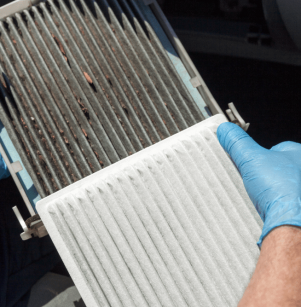 cabin air filter replacement, auto repair in Floyds Knobs, IN at Schindler's Garage. Technician wearing blue gloves holding a dirty cabin air filter with a clean replacement.