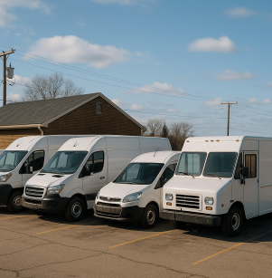 fleet maintenance, auto repair in Floyds Knobs, IN at Schindler's Garage. Image of a lineup of commercial vans representing professional fleet maintenance and service options.
