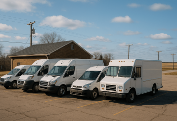 fleet maintenance, auto repair in Floyds Knobs, IN at Schindler's Garage. Image of a lineup of commercial vans representing professional fleet maintenance and service options.